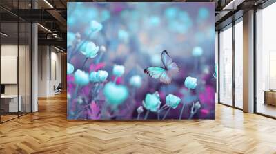 Wild light blue flowers in field and two fluttering butterfly on nature outdoors, close-up macro. Magic artistic image. Toned in blue and purple tones. Wall mural