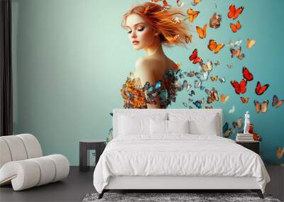 red blond female model with a dress made of butterflies Wall mural