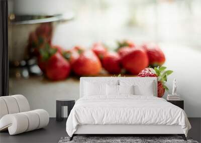 Strawberries on cutting board and counter Wall mural