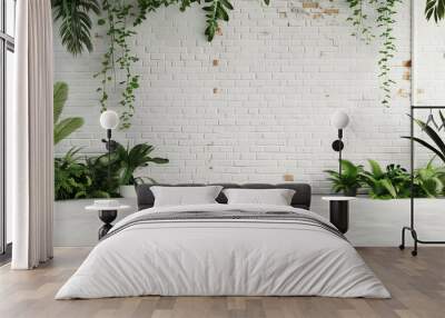 white brick wall with green plants architecture design Wall mural