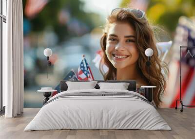 woman with american flag Wall mural