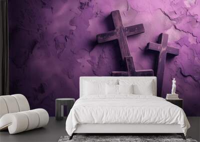 Wooden crosses adorned in shades of purple, gracefully standing against a backdrop of rich lavender Wall mural