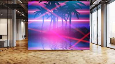 Abstract futuristic background. Neon glow, reflection of tropical palm trees on the water. Night view, beach party. 3d illustration Wall mural