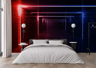 Background of an empty black corridor with neon light. Abstract background with lines and glow Wall mural