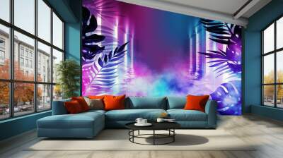 Background of an empty room with brick walls and neon lights. Silhouettes of tropical leaves, colorful smoke Wall mural