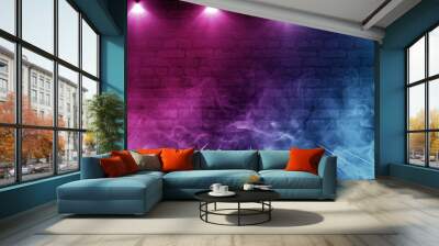 Background of empty brick old wall, wooden floor, spotlight, neon light, smoke Wall mural