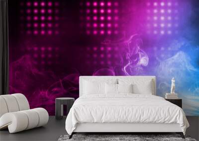 Background of empty dark scene, room with neon lights. Concrete floor, neon blue and pink light, smoke Wall mural