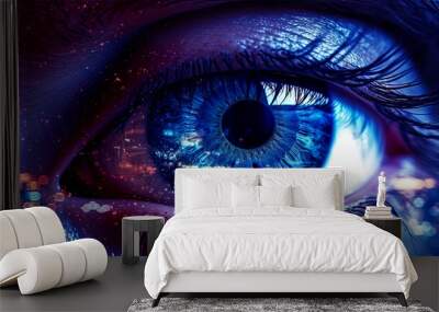 Bright female eye close-up in ultraviolet neon glow, bokeh Wall mural