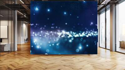 Brilliant festive winter background with neon glow. Falling snowflakes, blurry lights. Magic particles Wall mural