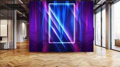 Dark abstract futuristic background. The geometric shape of the rectangle in the middle of the scene. Neon blue-pink rays of light on a dark background Wall mural