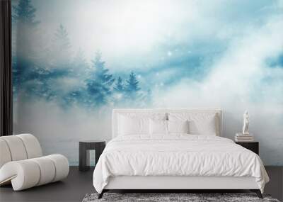 Dark winter forest background at night. Snow, fog, moonlight. Neon figure in the center Wall mural