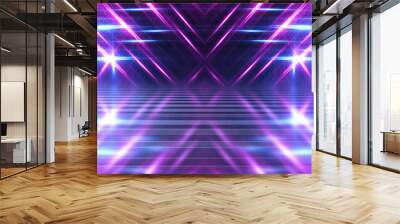 Empty background scene. Dark street reflection on wet asphalt. Rays of neon light in the dark, neon shapes, smoke. Background of an empty stage show. Abstract dark background. Wall mural