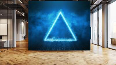 Empty background scene. Rays of neon light in the dark, neon figure of a triangle, smoke. Night view of the street, the city. Abstract dark background. Wall mural