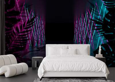 Empty scene background, abstract background with multicolored bokeh and neon lights. Silhouettes of tropical leaves Wall mural