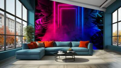 Empty scene background, abstract background with multicolored bokeh and neon lights. Silhouettes of tropical leaves Wall mural