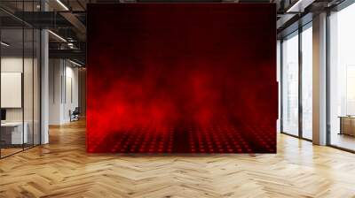 Empty scene background. Dark background of empty room, neon red light, concrete floor, smoke Wall mural