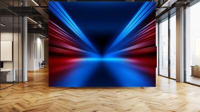 Empty show scene background. Reflection of a dark street on wet asphalt. Rays of red and blue neon light in the dark, neon shapes, smoke. Abstract dark background. Wall mural