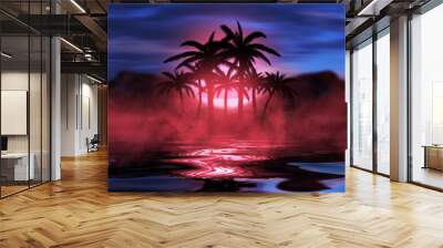 Empty tropical background of night sea beach. Silhouettes of tropical palm trees on a background of bright sunset. 3d illustration Wall mural