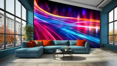 Futuristic abstract background, colorful neon lines, waves, neon glow on a dark background, AI generated..sea, palm trees, neon Wall mural