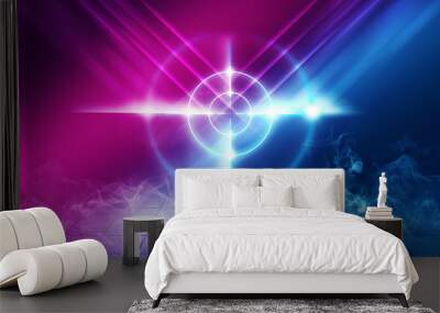 Futuristic abstract background. Empty room background, concrete. Neon blue pink light smoke. Laser lines, laser target in the center of the room. Wall mural