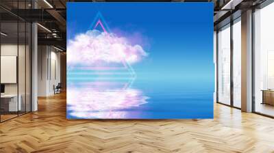 Glowing neon shapes passing through the cloud against the blue sky. Reflection on the water. Seascape background with neon glow. 3d illustration Wall mural