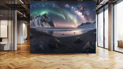 A breathtaking landscape illuminated by vibrant auroras dancing across the night sky, with natural scenery bathed in colorful, ethereal light. Wall mural