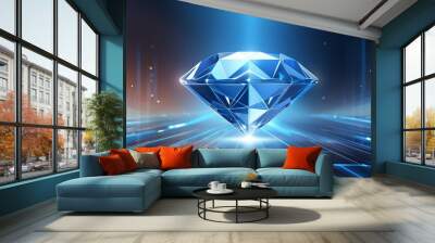 abstract blue diamond on digital background with polygonal light lines Wall mural