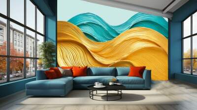 abstract gold waves with blue aqua teal yellow isolated textured flowing layers wavy modern art texture banner graphic resource as background for stylized digital ocean golden flowing wavy waves Wall mural