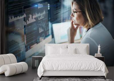 Data analytics, computer screen and woman in night for stock market research, graphs and chart analysis. Trading app, digital overlay and software information technology of business person thinking Wall mural