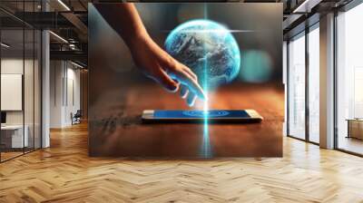 Hand, phone and earth hologram for global communication, information technology or internet networking. Future, ai or globe with a woman touching a mobile for futuristic cloud computing on a data app Wall mural