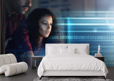 Woman, businessman and computer in night for overlay, futuristic hologram or teamwork for coding strategy. Team, dark office and with holographic tech abstract for focus, pc or information technology Wall mural