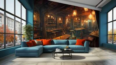 Warm lit friendly medieval fantasy tavern inn, lanterns, concept art interior, adventuring dungeons and dragons. Wall mural