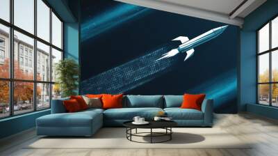 A white rocket ship soars through blue and dark space, leaving a binary code trail of ones and zeros in its wake. The background features a dynamic, streaked pattern of light blue lines, enhancin... Wall mural