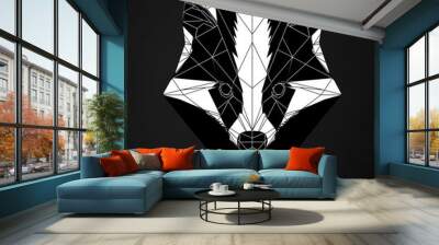 black and white geometric artwork of a badger face on a dark backdrop in minimalist style Wall mural