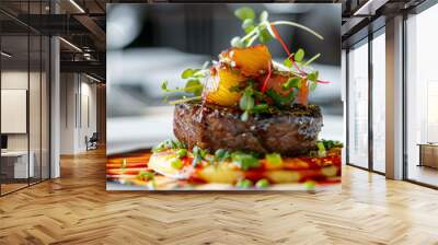 close-up of a gourmet steak dish with microgreens and vibrant sauce, elegant plating Wall mural