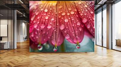 Closeup picture of a pink and yellow flower covered with morning dew, many droplets of water on thin petals, wallpaper for monitors 3:2 Wall mural