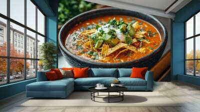 comforting mexican tortilla soup with a rich tomato broth, topped with avocado and cheese Wall mural