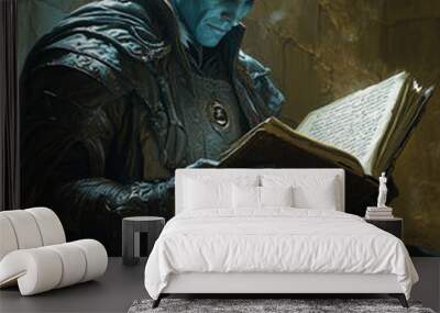 drow sorcerer reading a cursed book in a shadowy corner of a dark crypt as eerie light illuminates the ancient pages Wall mural