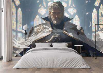 elder aasimar paladin praying in a radiant cathedral setting Wall mural