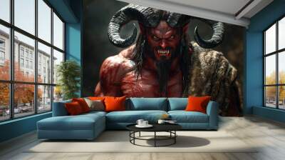 ferocious male tiefling berserker roars in battle, his mighty horns and muscles tensed in fury Wall mural