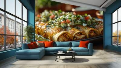 flavorful enchiladas verdes with a savory chicken filling and topped with melted cheese and fresh herbs Wall mural