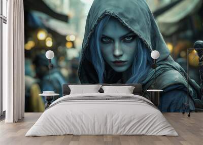 hooded drow woman with freckled skin and fierce gaze, blending into a lively fantasy market Wall mural