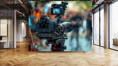 inclusive media production team with diverse group of professionals working with advanced camera equipment during a film shoot Wall mural