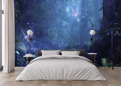 magical forest scene with glowing butterflies and enchanted flora, illuminated by soft blue light in a mystical woodland Wall mural