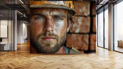 portrait of a male construction worker with piercing blue eyes, sweat-drenched face against a backdrop of red bricks Wall mural