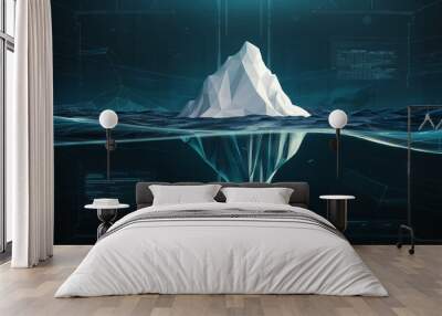 This image is a digital representation of a stylised iceberg. A significant portion of the iceberg is depicted beneath the water's surface, illustrating the commonly used metaphor about unseen de... Wall mural