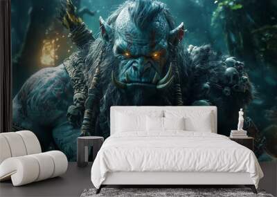 troll chieftain standing in a mystical forest, his gaze piercing through the shrouded darkness Wall mural