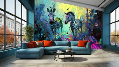 two zebras standing in a surreal, vibrant landscape with swirling psychedelic colors and textures Wall mural