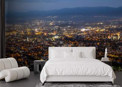 Night city panorama with illuminated buildings. Aerial view of a modern city at night. Night panorama urban silhouettes, a symphony of lights. The city seen from above. Wall mural