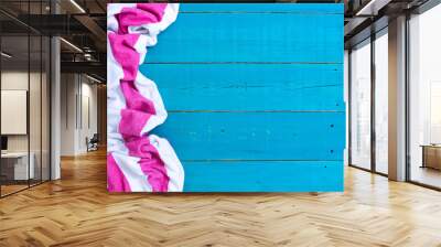 Blank rustic teal blue wood beach sign with pink and white striped beach towel border Wall mural